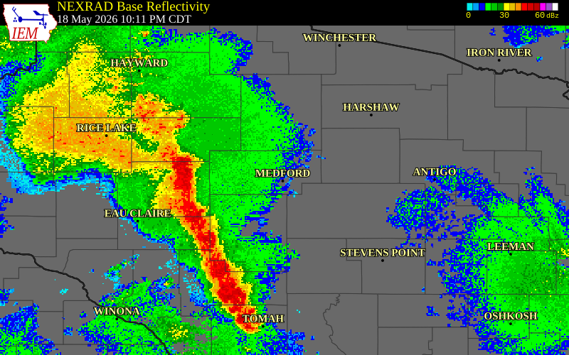 NEXRAD radar during the Monday, May 18, 2026 storm activity in Taylor County, Wisconsin