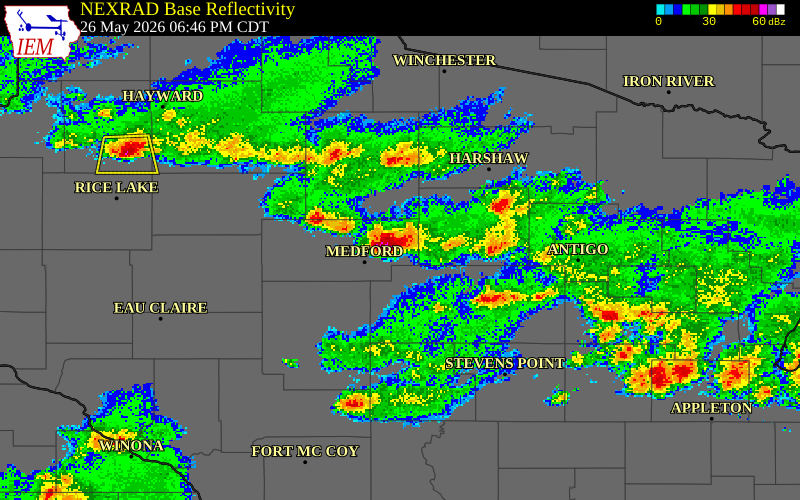 NEXRAD radar during the Tuesday, May 26, 2026 storm activity in Taylor County, Wisconsin