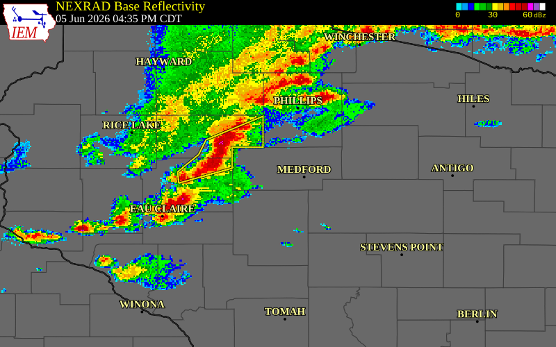 NEXRAD radar during the Friday, June 5, 2026 storm activity in Taylor County, Wisconsin