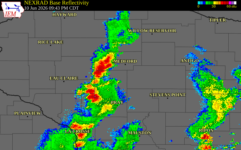 NEXRAD radar during the Wednesday, June 10, 2026 storm activity in Taylor County, Wisconsin