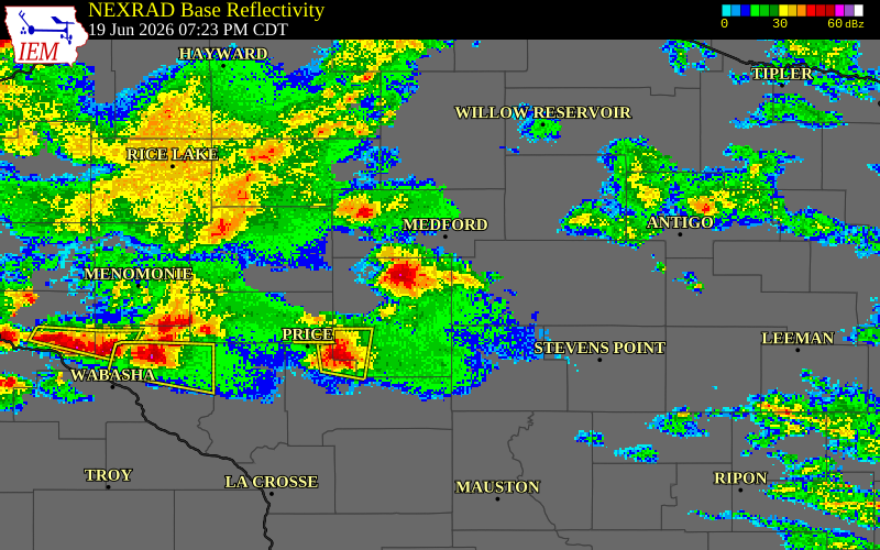 NEXRAD radar during the Friday, June 19, 2026 storm activity in Taylor County, Wisconsin