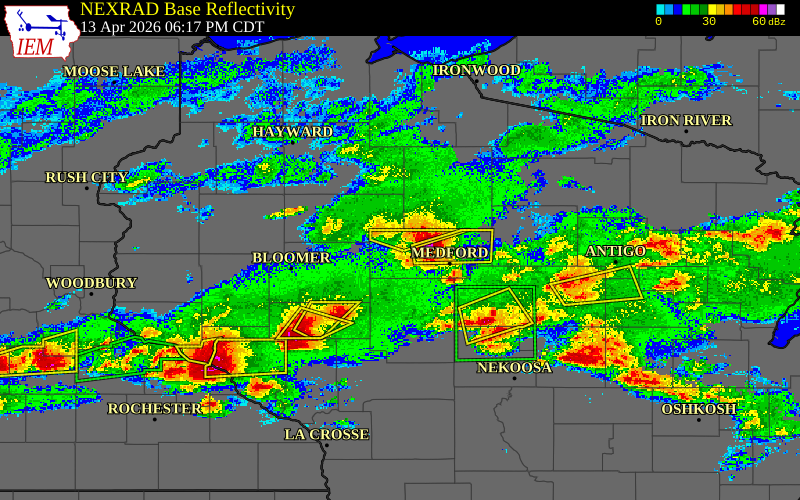 Radar snapshot during the Apr 13, 2026 tornado event near 4 ESE Hannibal, Taylor County, Wisconsin, with NWS warning polygons