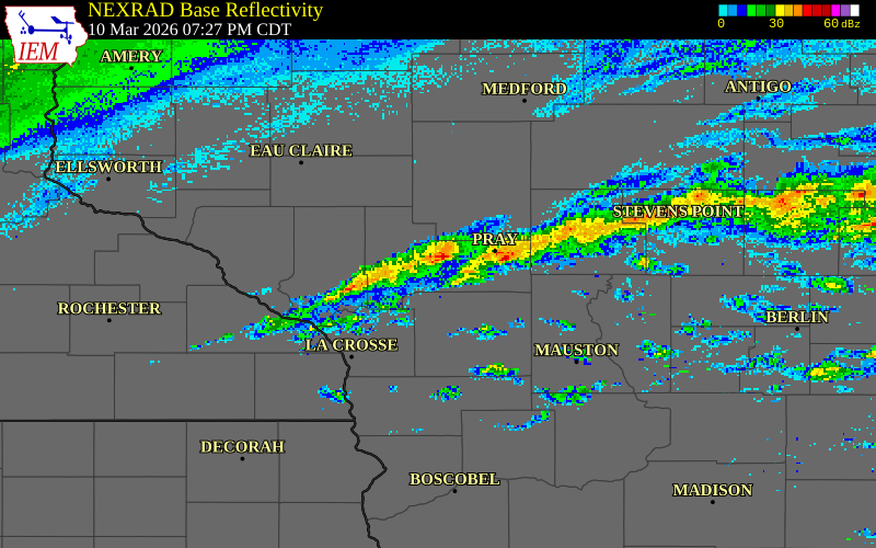NEXRAD radar during the Tuesday, March 10, 2026 storm activity in Trempealeau County, Wisconsin