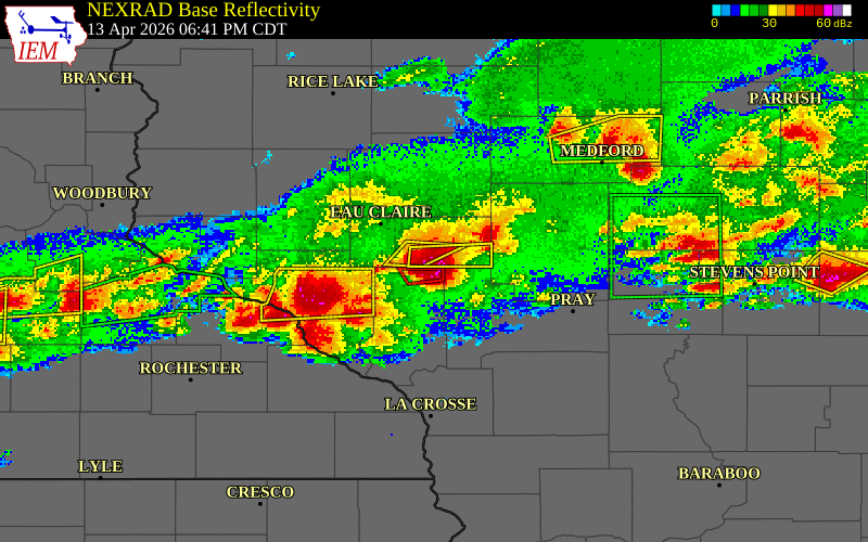 NEXRAD radar during the Monday, April 13, 2026 storm activity in Trempealeau County, Wisconsin