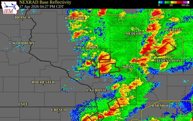 NEXRAD radar during the Friday, April 17, 2026 storm activity in Trempealeau County, Wisconsin