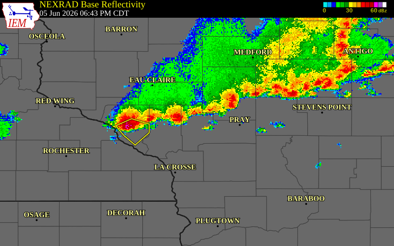 NEXRAD radar during the Friday, June 5, 2026 storm activity in Trempealeau County, Wisconsin