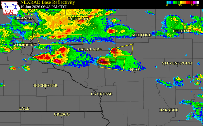 NEXRAD radar during the Friday, June 19, 2026 storm activity in Trempealeau County, Wisconsin