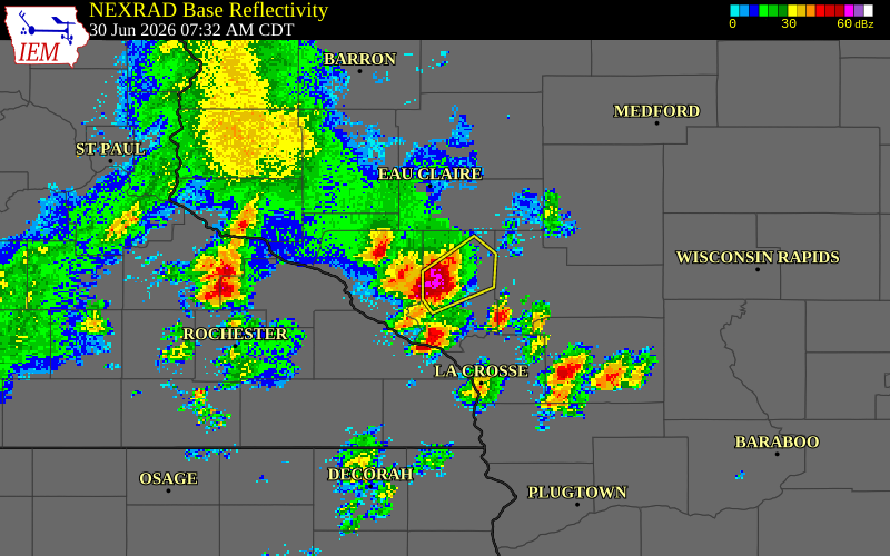 NEXRAD radar during the Tuesday, June 30, 2026 storm activity in Trempealeau County, Wisconsin