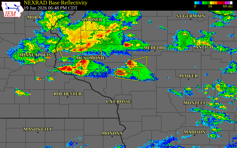 Radar snapshot during the Jun 19, 2026 tornado event near 1 W Osseo, Trempealeau County, Wisconsin, with NWS warning polygons