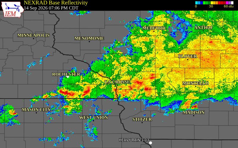 Current NEXRAD radar over Trempealeau County, Wisconsin with recent storm report locations