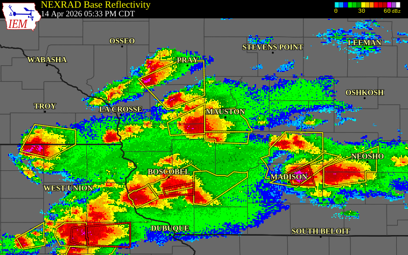 NEXRAD radar during the Tuesday, April 14, 2026 storm activity in Vernon County, Wisconsin