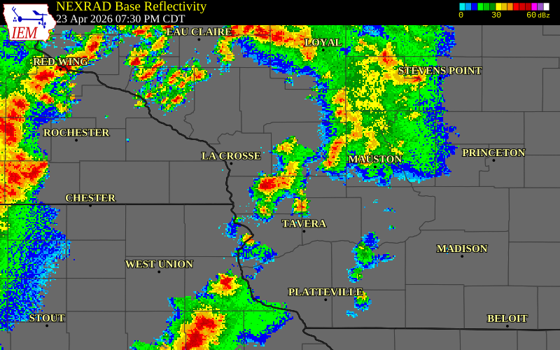 NEXRAD radar during the Thursday, April 23, 2026 storm activity in Vernon County, Wisconsin