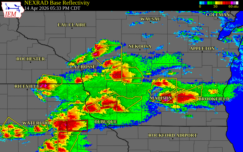 Radar snapshot during the Apr 14, 2026 tornado event near 2 NNE Hillsboro, Vernon County, Wisconsin, with NWS warning polygons