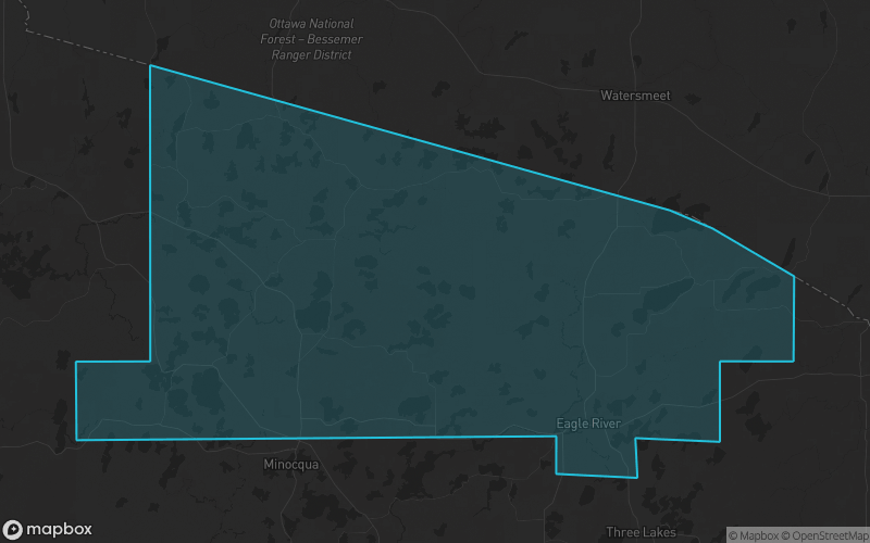 Map of Vilas County, Wisconsin showing the county boundary and surrounding cities