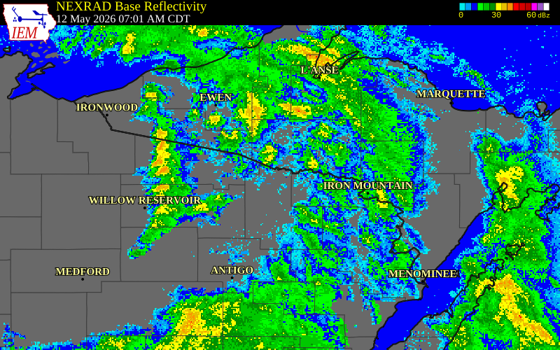 NEXRAD radar during the Tuesday, May 12, 2026 storm activity in Vilas County, Wisconsin