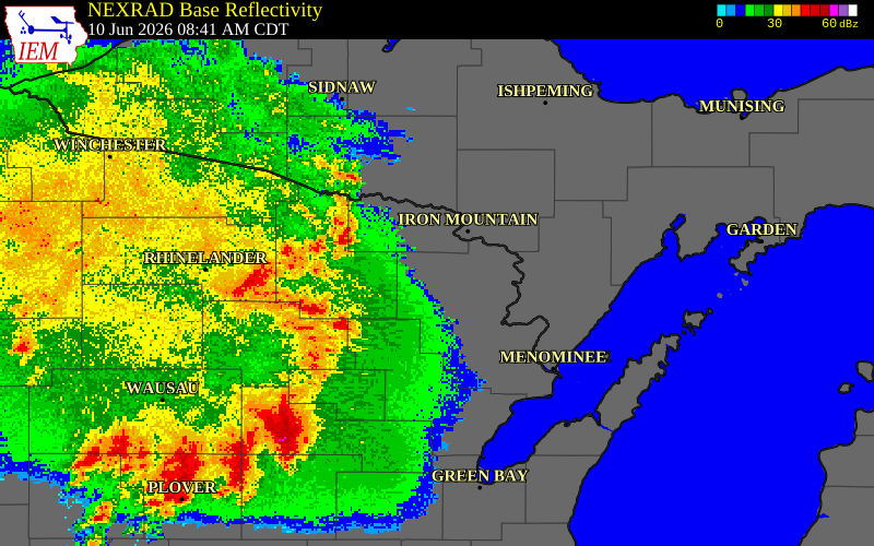 NEXRAD radar during the Wednesday, June 10, 2026 storm activity in Vilas County, Wisconsin