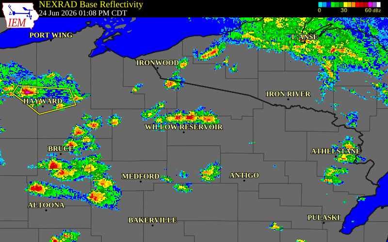 NEXRAD radar during the Wednesday, June 24, 2026 storm activity in Vilas County, Wisconsin
