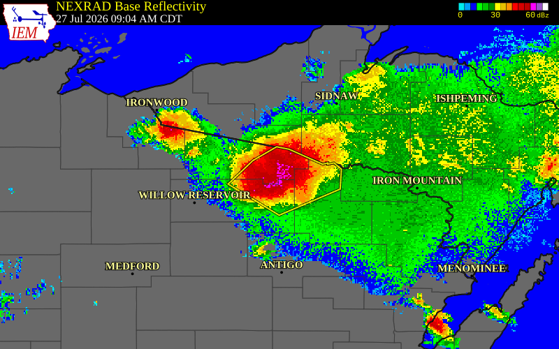 NEXRAD radar during the Monday, July 27, 2026 storm activity in Vilas County, Wisconsin
