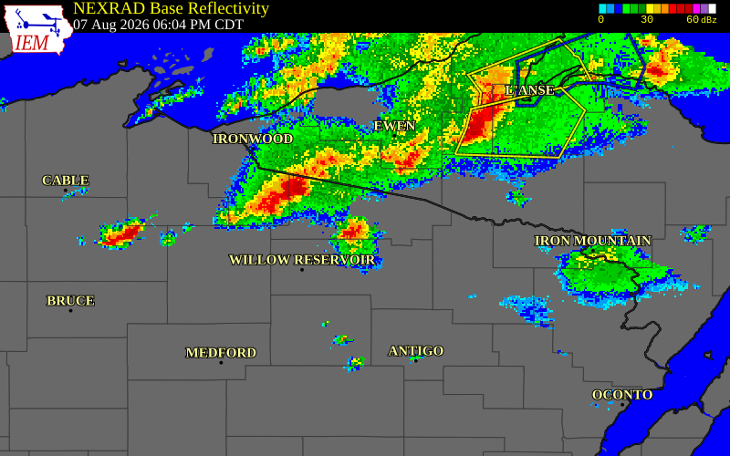 NEXRAD radar during the Friday, August 7, 2026 storm activity in Vilas County, Wisconsin
