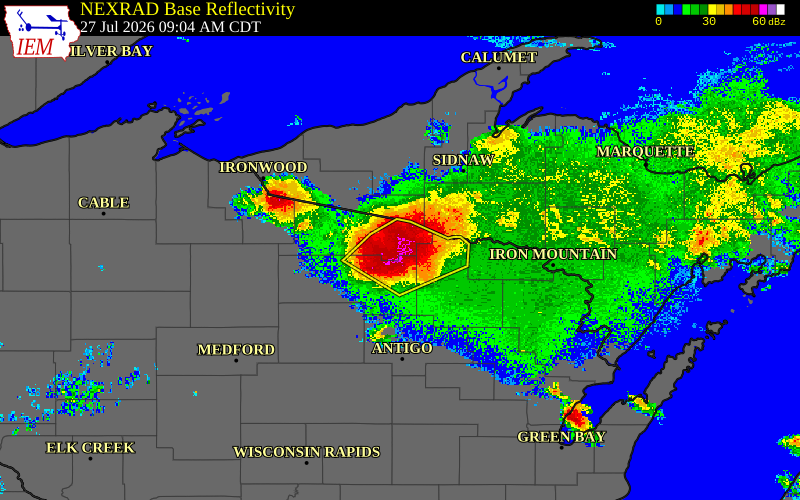 Radar snapshot during the Jul 27, 2026 hail event near 4 NE Eagle River, Vilas County, Wisconsin, with NWS warning polygons