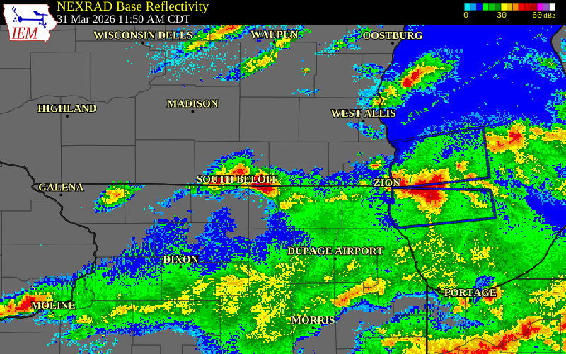NEXRAD radar during the Tuesday, March 31, 2026 storm activity in Walworth County, Wisconsin