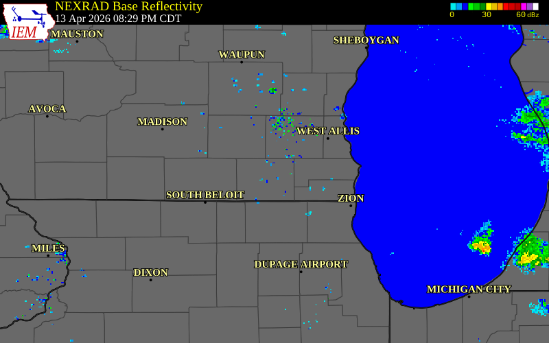 NEXRAD radar during the Monday, April 13, 2026 storm activity in Walworth County, Wisconsin