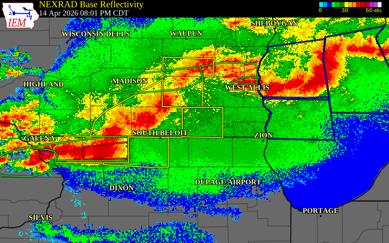 NEXRAD radar during the Tuesday, April 14, 2026 storm activity in Walworth County, Wisconsin