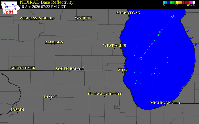 NEXRAD radar during the Thursday, April 16, 2026 storm activity in Walworth County, Wisconsin
