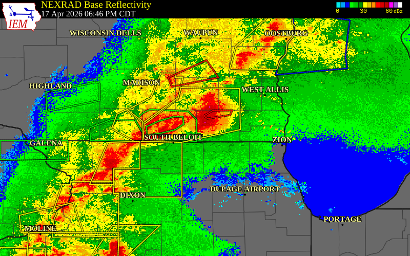 NEXRAD radar during the Friday, April 17, 2026 storm activity in Walworth County, Wisconsin