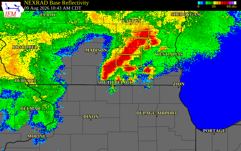 NEXRAD radar during the Sunday, August 9, 2026 storm activity in Walworth County, Wisconsin
