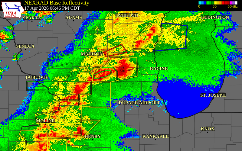 Radar snapshot during the Apr 17, 2026 tornado event near 3 WNW Delavan, Walworth County, Wisconsin, with NWS warning polygons