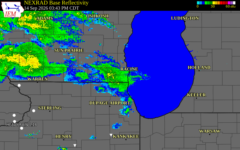 Current NEXRAD radar over Walworth County, Wisconsin with recent storm report locations
