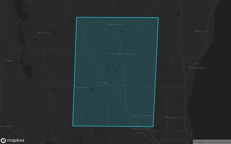 Map of Washington County, Wisconsin showing the county boundary and surrounding cities