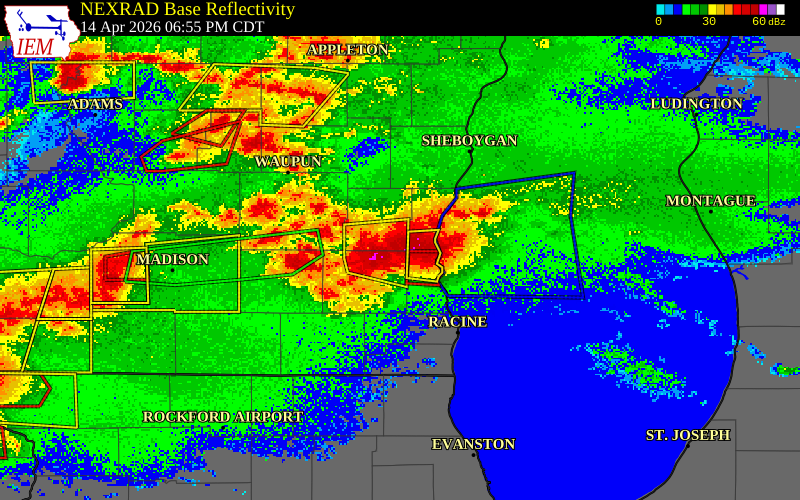NEXRAD radar during the Tuesday, April 14, 2026 storm activity in Washington County, Wisconsin