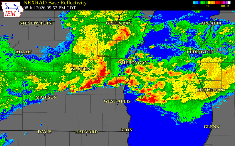 NEXRAD radar during the Wednesday, July 8, 2026 storm activity in Washington County, Wisconsin