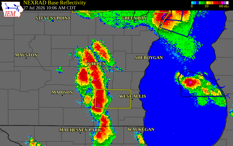 NEXRAD radar during the Monday, July 27, 2026 storm activity in Washington County, Wisconsin