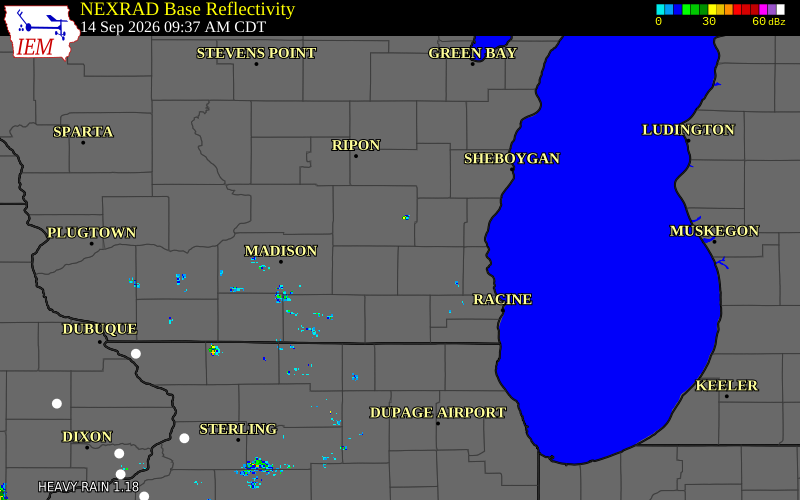 Current NEXRAD radar over Washington County, Wisconsin with recent storm report locations