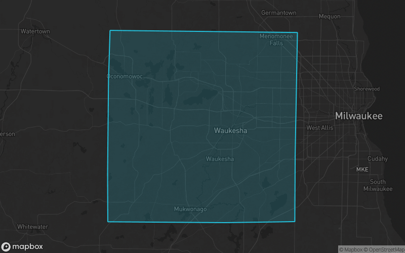 Map of Waukesha County, Wisconsin showing the county boundary and surrounding cities