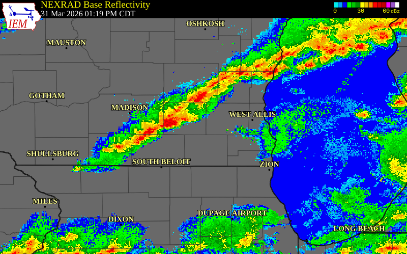 NEXRAD radar during the Tuesday, March 31, 2026 storm activity in Waukesha County, Wisconsin