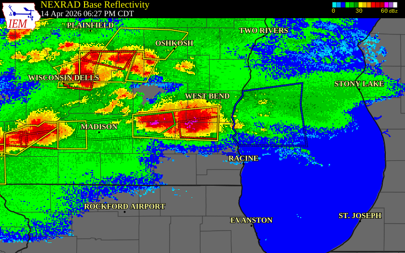 NEXRAD radar during the Tuesday, April 14, 2026 storm activity in Waukesha County, Wisconsin