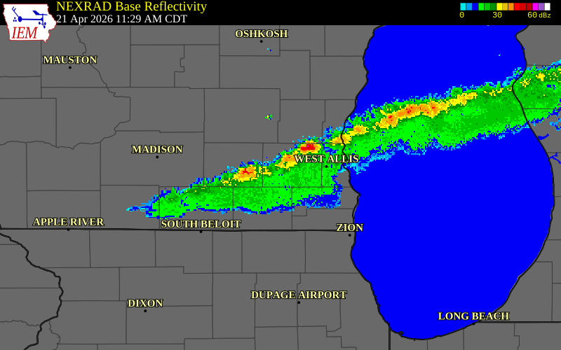 NEXRAD radar during the Tuesday, April 21, 2026 storm activity in Waukesha County, Wisconsin