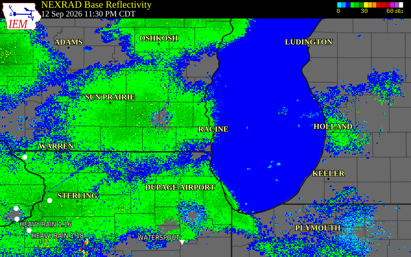 Current NEXRAD radar over Waukesha County, Wisconsin with recent storm report locations