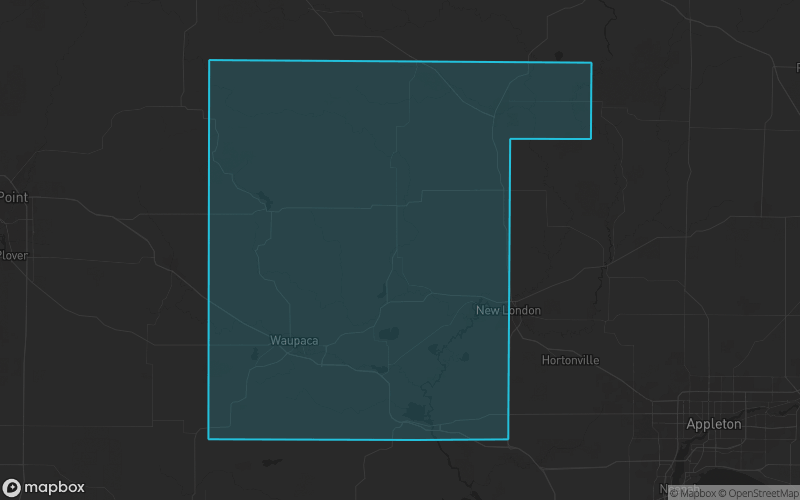 Map of Waupaca County, Wisconsin showing the county boundary and surrounding cities