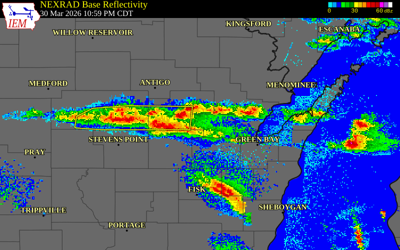 NEXRAD radar during the Monday, March 30, 2026 storm activity in Waupaca County, Wisconsin