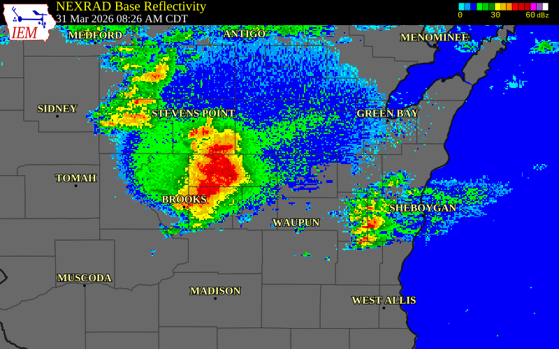 NEXRAD radar during the Tuesday, March 31, 2026 storm activity in Waupaca County, Wisconsin