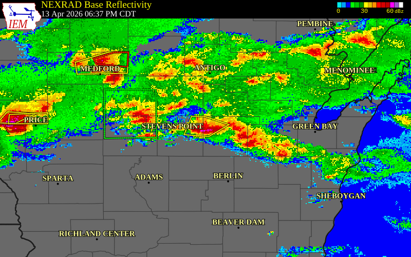 NEXRAD radar during the Monday, April 13, 2026 storm activity in Waupaca County, Wisconsin