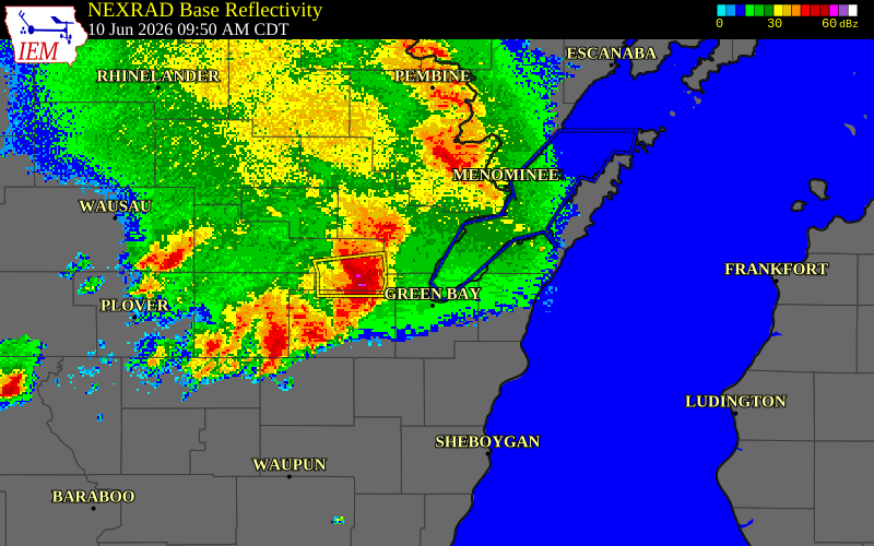 NEXRAD radar during the Wednesday, June 10, 2026 storm activity in Waupaca County, Wisconsin