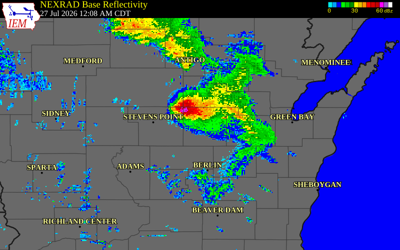 NEXRAD radar during the Monday, July 27, 2026 storm activity in Waupaca County, Wisconsin