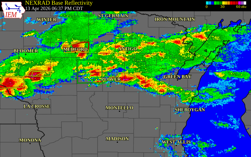 Radar snapshot during the Apr 13, 2026 hail event near 2 ESE Peru, Waupaca County, Wisconsin, with NWS warning polygons
