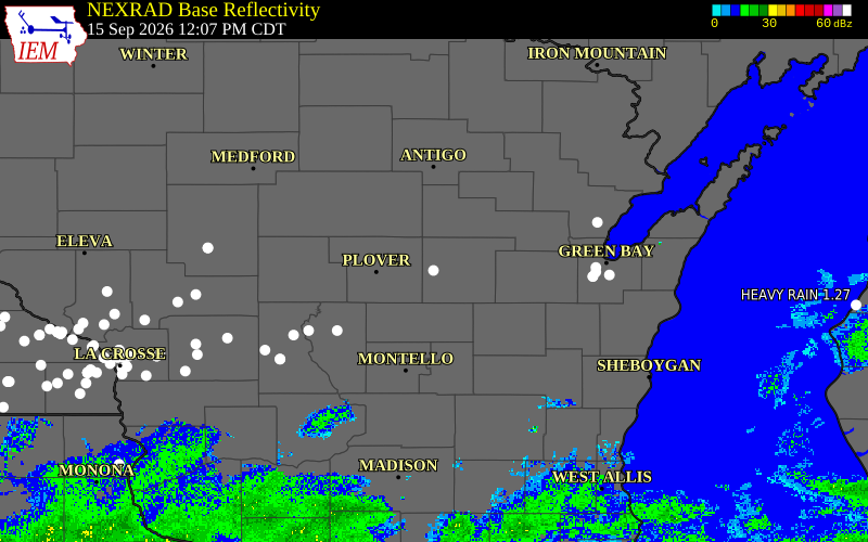 Current NEXRAD radar over Waupaca County, Wisconsin with recent storm report locations